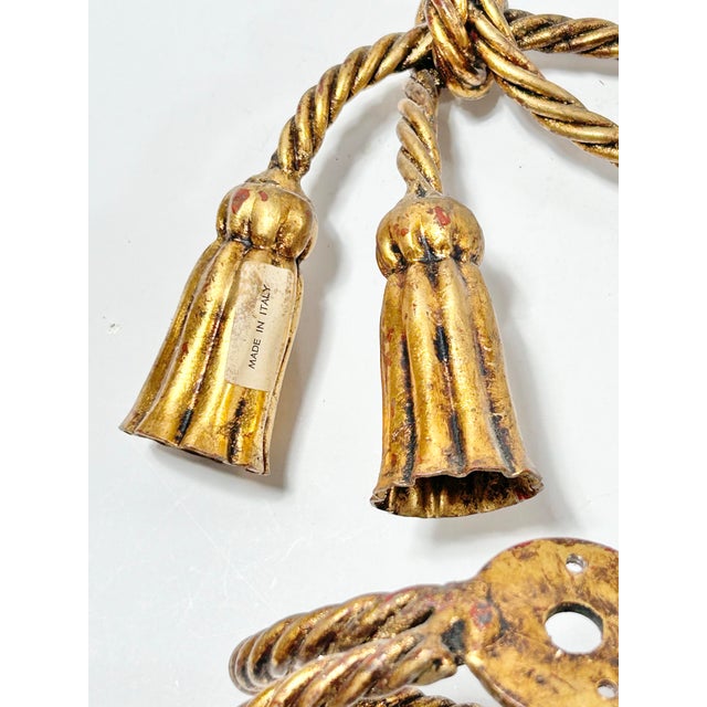 Pair of Vintage Italian Gilt Rope Curtain Tiebacks With Tassels, Hollywood Regency Style For Sale - Image 4 of 7