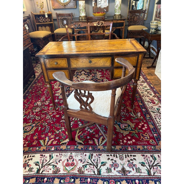 Antique Chippendale Style Walnut & Shearling Corner Desk Chair For Sale - Image 11 of 12