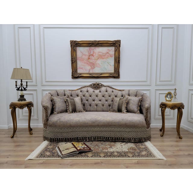 Wood 1980s French Sofa Gold Leaf Tufted Brown Velvet For Sale - Image 7 of 11