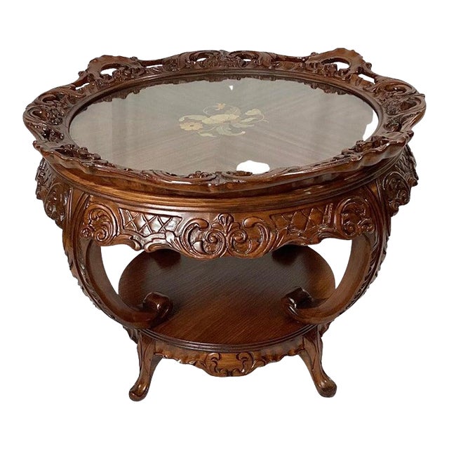 1930s Satinwood Inlaid Coffee Table With Lazy Susan Tray Table For Sale