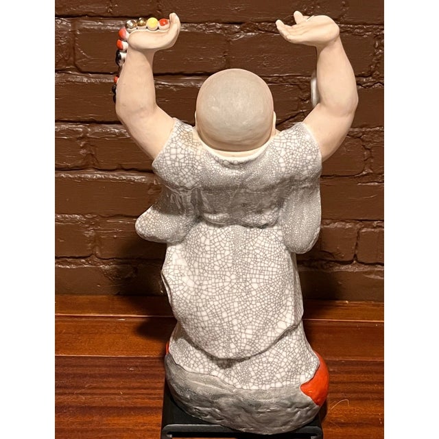 Vintage 20" Porcelain Laughing Buddha Statue Crackle Glaze Figure For Sale - Image 4 of 6