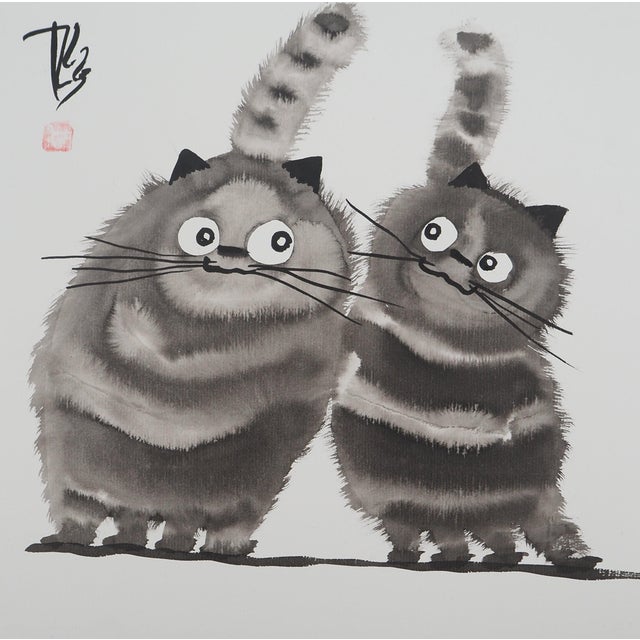 Laszlo Tibay, Couple de chats, Ink & Wash Drawing For Sale