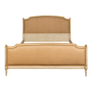 1940s French Louis XVI Style Queen Painted Burlap Bedframe For Sale