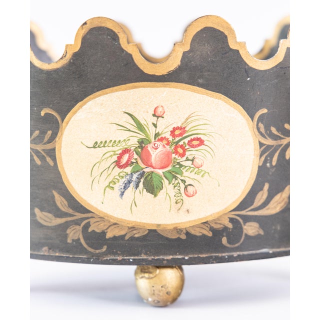 Late 19th Century Antique Neoclassical French Tole Black and Gilt Cache Pot Jardiniere For Sale - Image 5 of 10