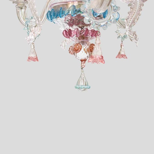 Blue Venetian Murano Glass 3-Arm Chandelier with Flower Decor, 1990s For Sale - Image 8 of 9