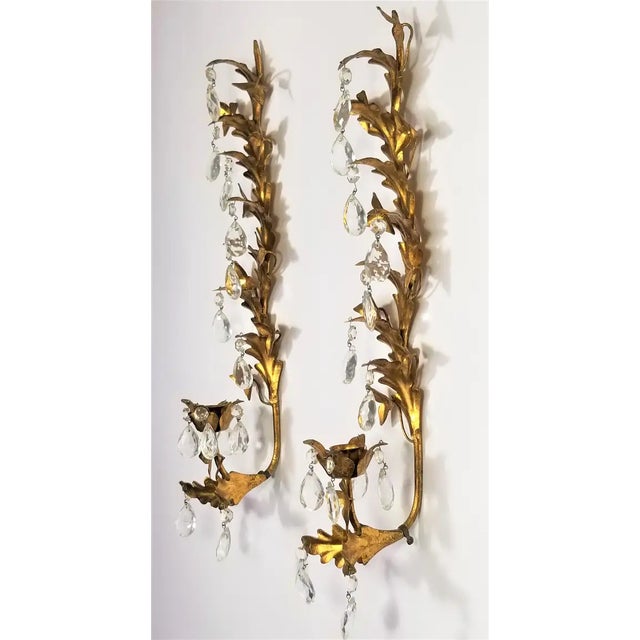 1950s Italian Gilt and Crystal Sconces / Candleholders Made in Italy For Sale - Image 13 of 13