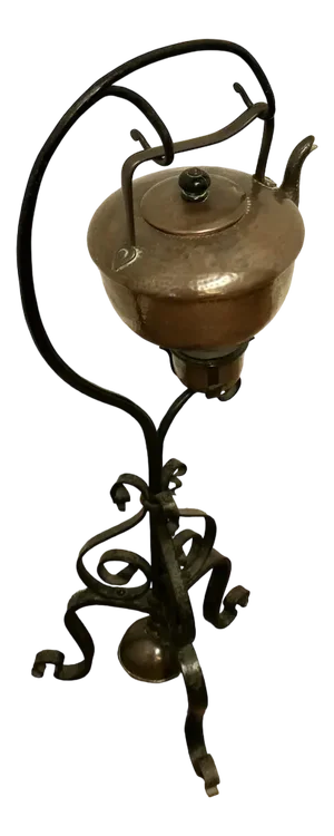 19th Century Copper Swinging Sprit Kettle on a Wrought Iron Stand, Set of 2