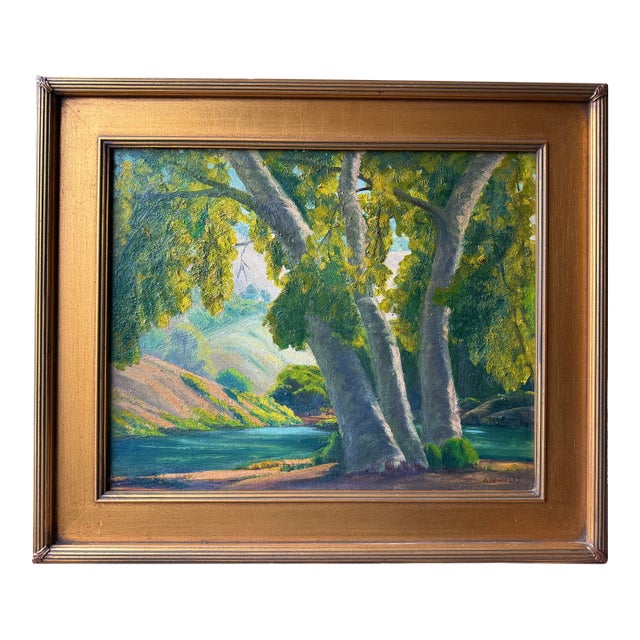 San Gabriel Foothills and Lake Original Plein Air Oil Painting by Lionel Edwards For Sale