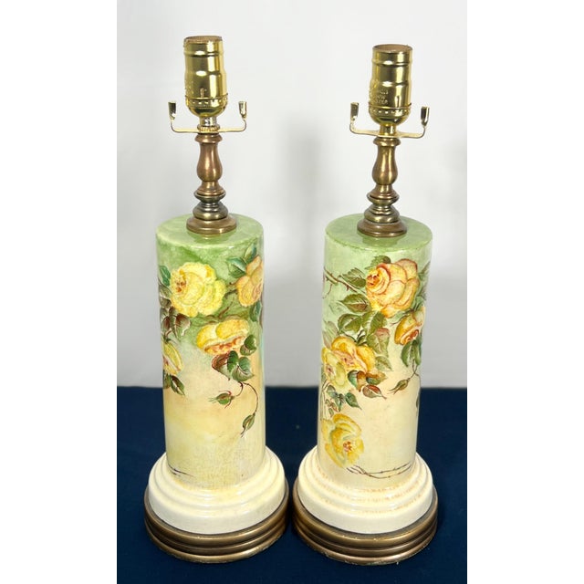 Metal 1939 Loevsky & Loevsky Hand-Painted Floral Cylinder Lamps - a Pair For Sale - Image 7 of 12