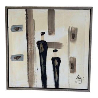 Two Men Art Canvas Painting Vintage Mid-Century Modern For Sale