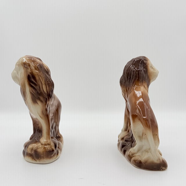 Midcentury Glazed Ceramic Lion Figurine Bookends in Espresso and Cream - A Pair For Sale - Image 10 of 11