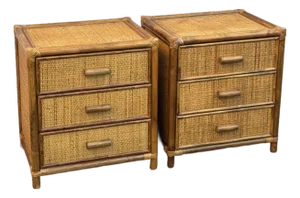 1970s Three-Drawer Rattan and Bamboo Nightstands - A Pair