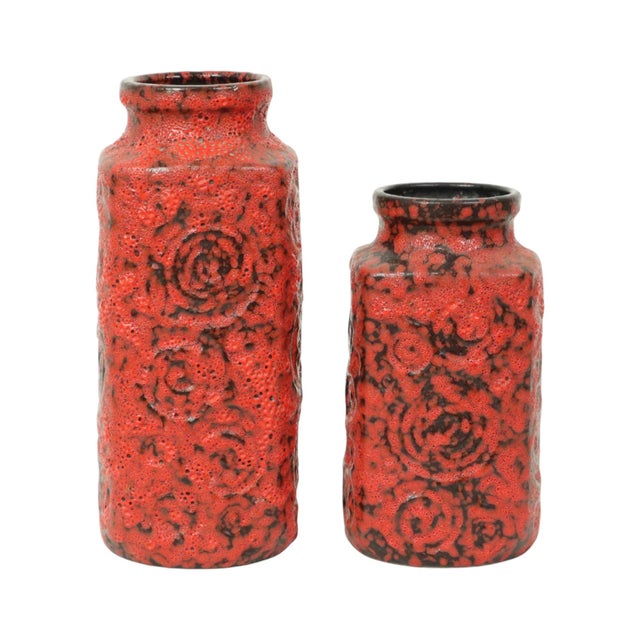 Beautiful set of 2 red fat lava vases made by Scheurich, the decor is called “Jura”, West German pottery from the...