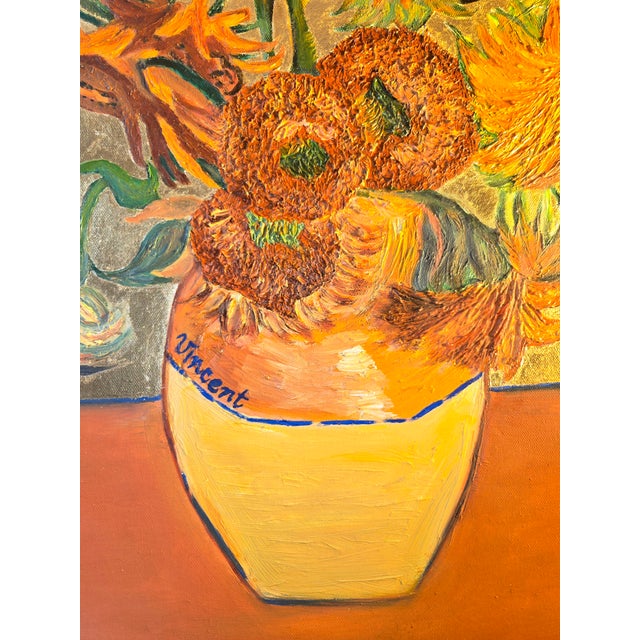 Wood Contemporary Fine Art Sunflowers Hand Painted in Oils With Gold Leaf on Canvas For Sale - Image 7 of 18