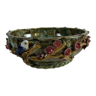 Vintage Shiwan Blue and Green Glazed Bowl With Bird and Flowers For Sale