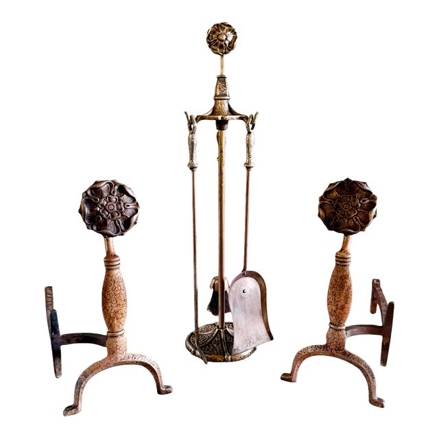 Sheffield Pullman Antique Tudor Rose Fireplace Andirons, Tools & Rack For Sale
