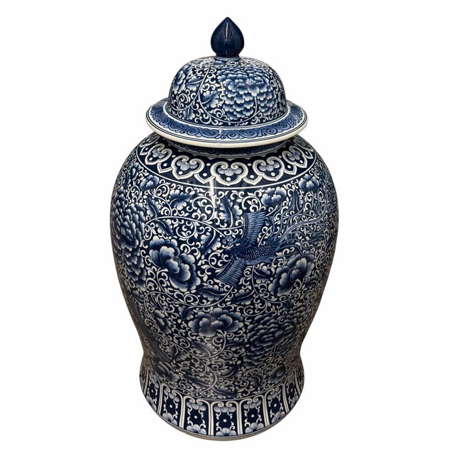 Oversized Blue & White Porcelain Temple or Ginger Jar With Crane & Peony Design