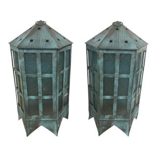 Pair of Patinated Verdigris Metal and Glass Tall Octagonal Lanterns For Sale