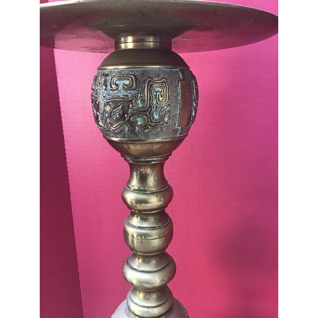 Pair of 31” Mid-Century Asian Brass Altar Candlesticks (1960s, Hong Kong/Vietnam) For Sale - Image 4 of 4