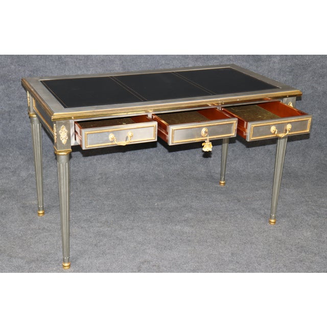 John Vesey Stunning 1960's Louis XVI Style John Vesey Steel and Bronze Writing Desk Leather For Sale - Image 4 of 18