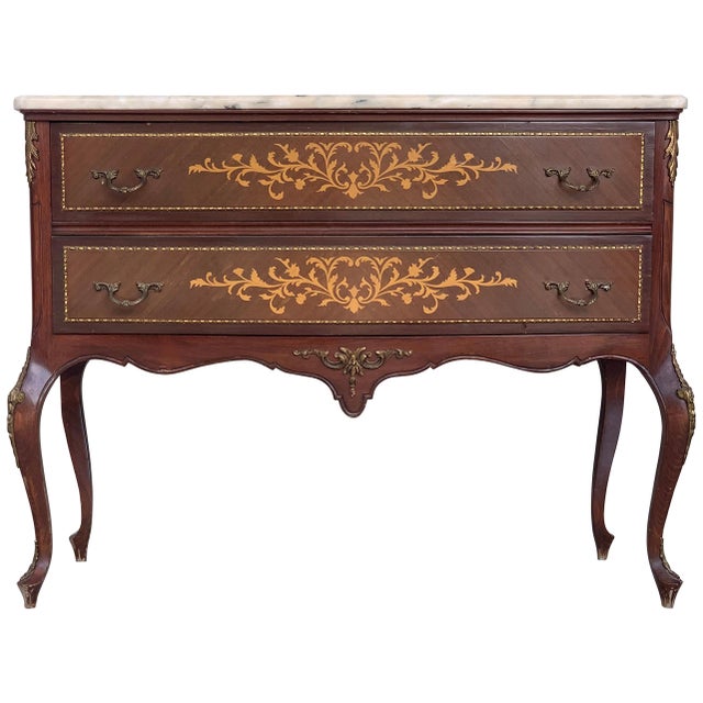 20th Century Marquetry Chest of Drawers With Bronze Details and Cream Marble Top For Sale - Image 10 of 10