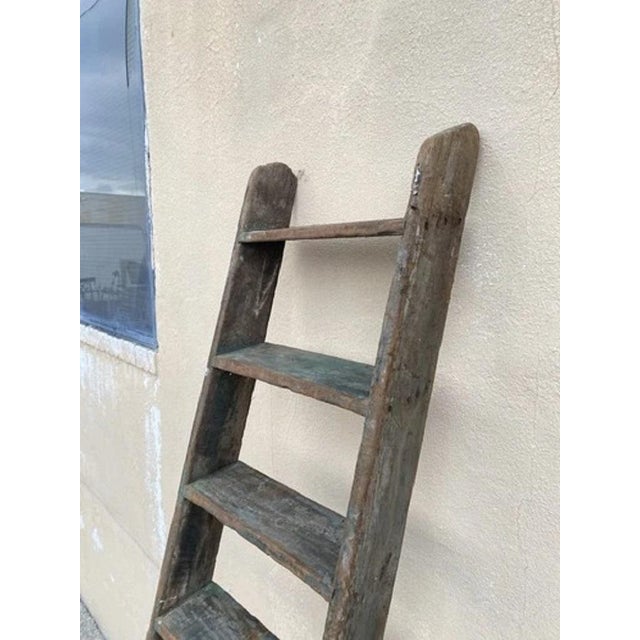 Green Antique French Rustic Primitive Green Distress Painted Wooden Barn Ladder For Sale - Image 8 of 11