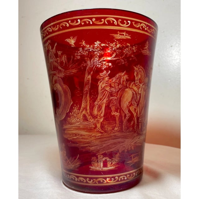 Antique 1865 Hand Painted Bohemian Cranberry to Clear Glass Crystal Bucket Vase For Sale - Image 9 of 14