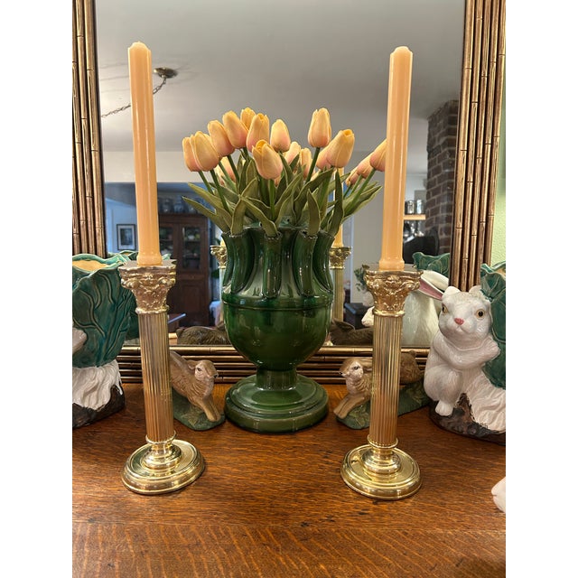 Neoclassical Vintage Solid Brass Neoclassical Column Style Candlestick Holders - A Pair For Sale - Image 3 of 9
