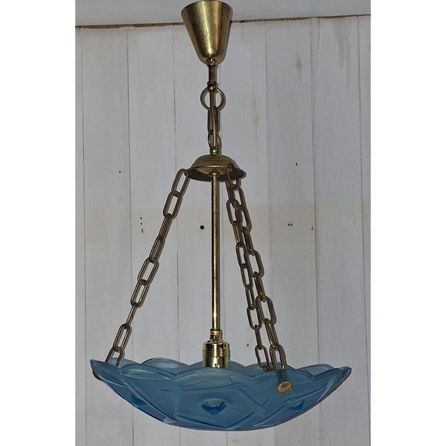 Art Deco French Ceiling Lamp in Blue Glass with Brass Mounting, 1930s For Sale - Image 4 of 8