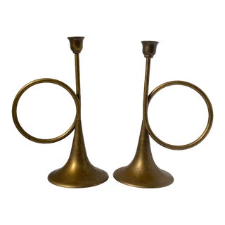 Vintage Brass Horn Candle Holders S/2 For Sale