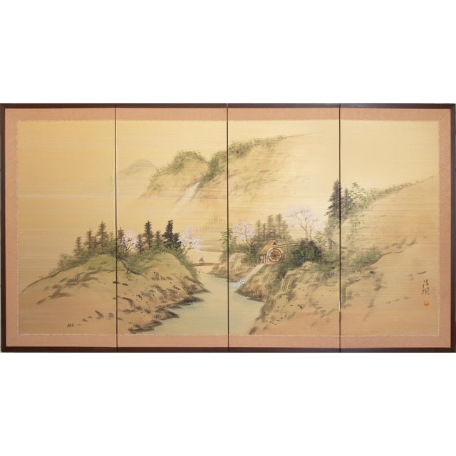 1960s Shōwa Era Japanese Byobu Screen, "Spring Landscape" For Sale - Image 18 of 18