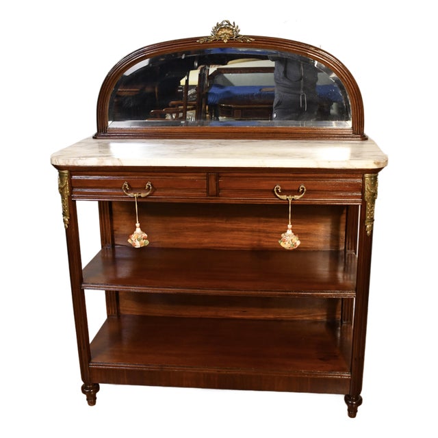 1910s Antique French Louis XV Walnut Marble Top Server Sideboard With Mirror For Sale