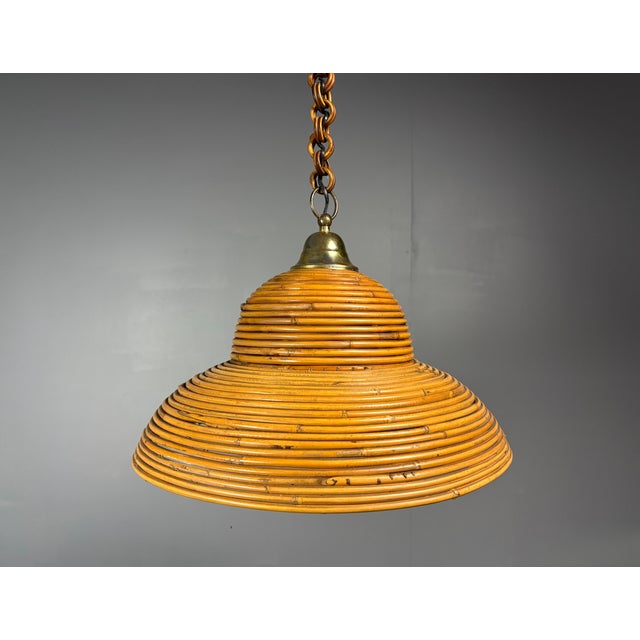Mid-Century Modern Mid-Century Italian Pencil Reed Rattan Bamboo and Brass Pendant Lamp, 1970s For Sale - Image 3 of 17