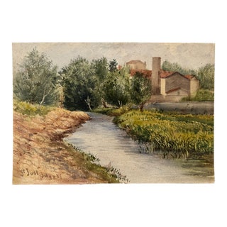 Late 19th Century Attributed to Frank Henry Mason St Just 1881 River Village Landscape Watercolor For Sale