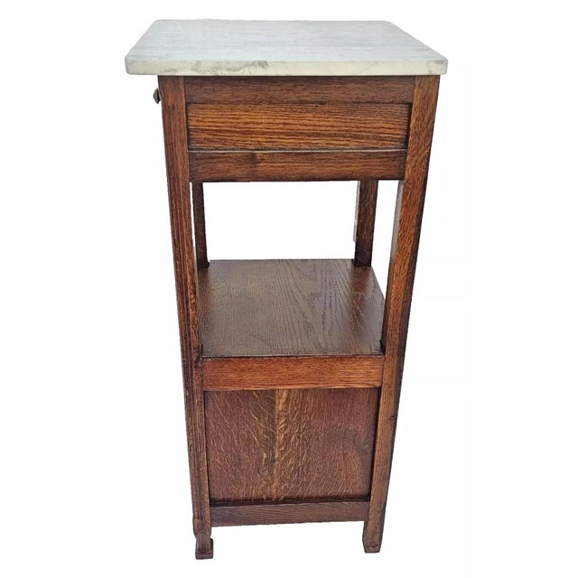 Brown Antique 1920s French Oak Nightstand Carved Oak Tree & Acorn Design White Marble For Sale - Image 8 of 12