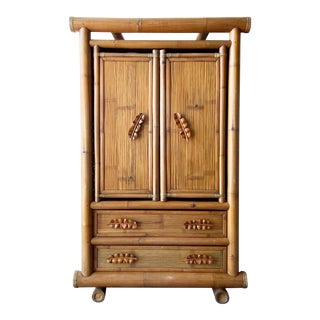 Boho Chic Bamboo Armoire With Carved Handles For Sale