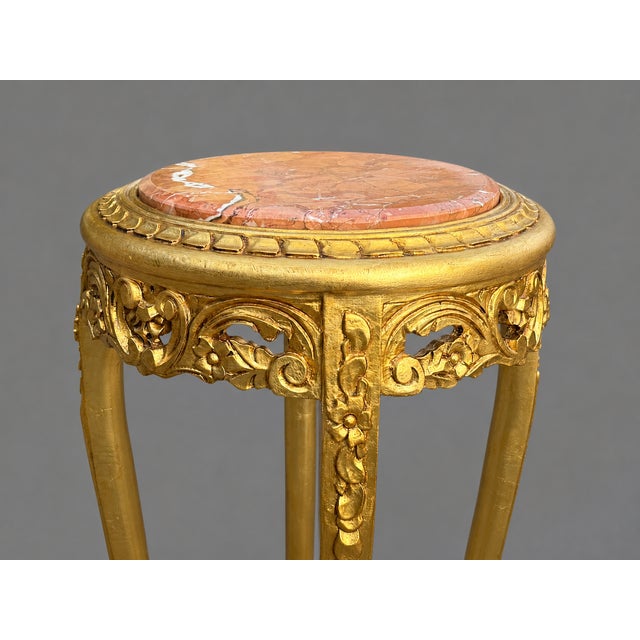Wood 1950s Artisan Louis XVI Gold Beech Marble Side Tables-Pair For Sale - Image 7 of 12