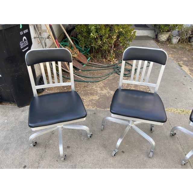 Emeco 1022 Aluminum Leather Navy Semi Upholstered Swivel Chairs Set of 3 For Sale - Image 14 of 18