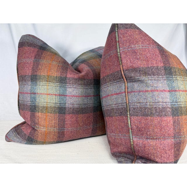 Custom pair of 22" pillows covered in Sanderson Fabrics "Wool Plaid" in moorland heather. These pillows are self welted,...