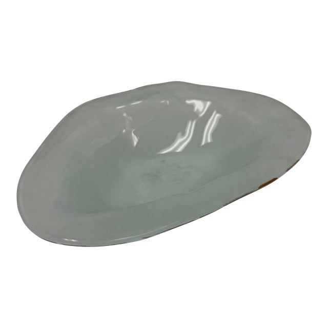 Signed 1991 Studio Art Glass Freeform Frosted Sage Green Centerpiece Bowl For Sale