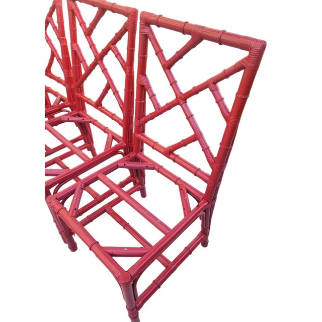 Lexington Furniture Vintage Cherry Red Regency Style Chippendale Rattan Dining Room Chairs Set of 5 For Sale - Image 4 of 12