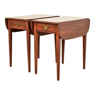 Henkel Harris Georgian Solid Cherry Wood Drop Leaf Pembroke Side Tables, Pair For Sale