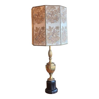 Vintage Stiffle Brass Lamp With Chinoiserie Shade For Sale