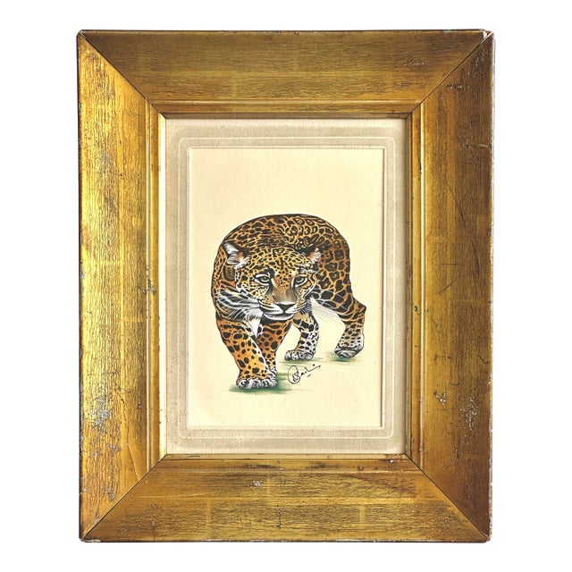 Original Hand-Painted Realism Leopard Painting in an Italian Antique Frame For Sale