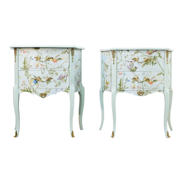 1950s A Pair of Louis XV Style Bedside Tables With Floral Design and Marble Tops For Sale
