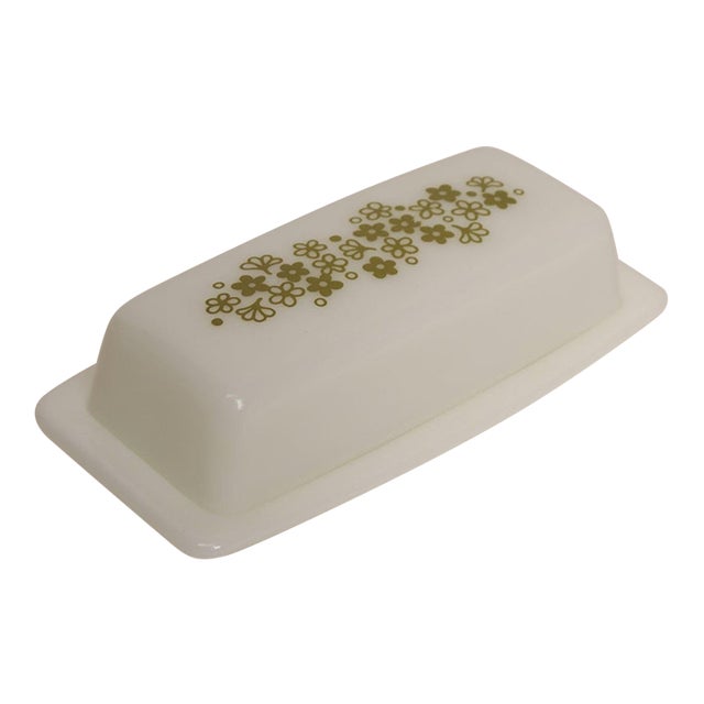 Vintage Pyrex Spring Blossom / "Crazy Daisy" Green Floral and Milk Glass Covered Butter Dish For Sale