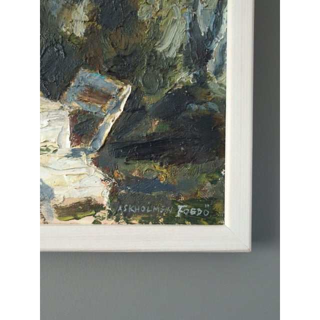 1981 Modernist 'Garden by the Water' Vintage Original Mini Landscape Oil Painting, Framed For Sale - Image 4 of 10