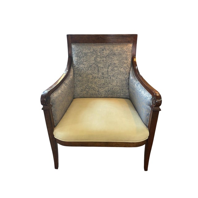 Wood Neoclassical Walnut Lounge Chair With Paisley Upholstery Transitional Designer Accent Chair For Sale - Image 7 of 8