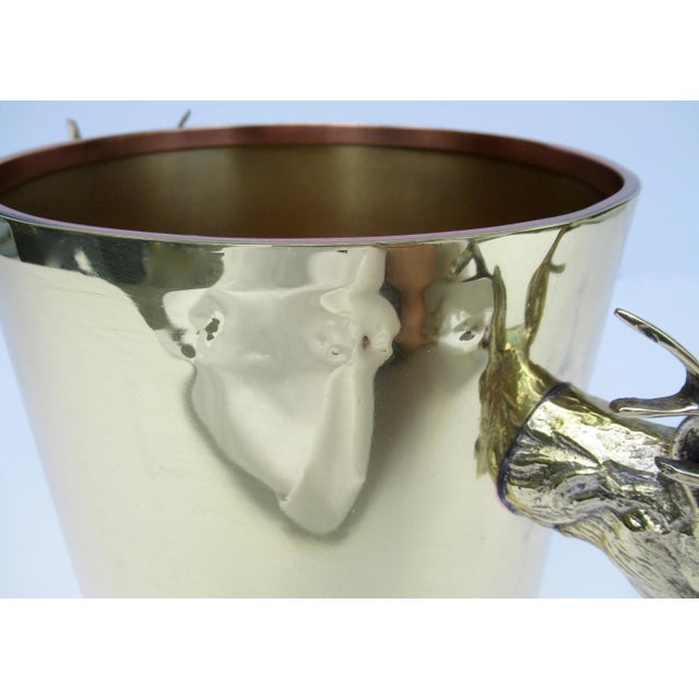 Brass Vintage C.1970's Italian Brass and Copper With Antler Head, Handled Ice, And/Or Champagne/Wine Bucket For Sale - Image 8 of 13