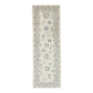 Modern Turkish Oushak Runner Ivory & Blue Handwoven Wool Rug 3' X 8'11"